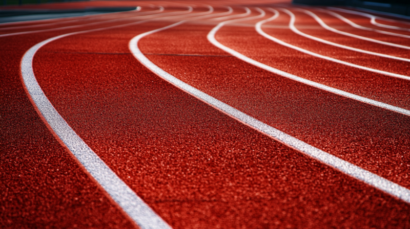 A Close-Up View of An Empty Running Track with Curved Lanes