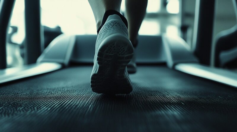 A close-up shot of a person walking or running on a treadmill, focusing on the shoe and textured treadmill belt. The image emphasizes movement and fitness, with a cool, modern gym environment in the background