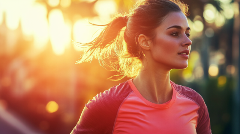 A Woman Running Outdoors During Sunset, Focused on Her Fitness Routine