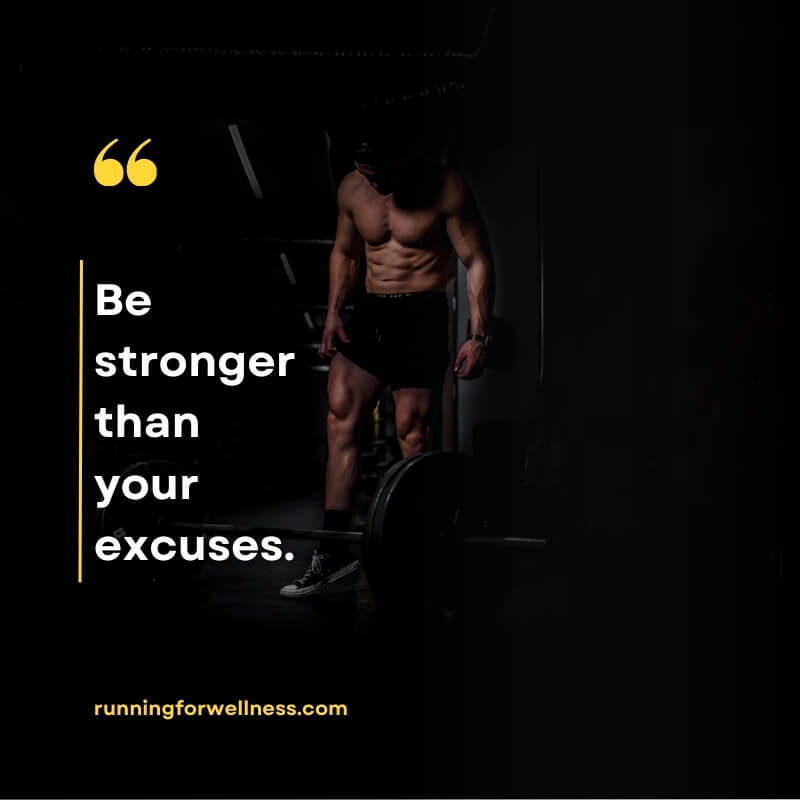 A muscular man in a dark gym stands beside a barbell with the motivational quote “Be stronger than your excuses” displayed beside him"