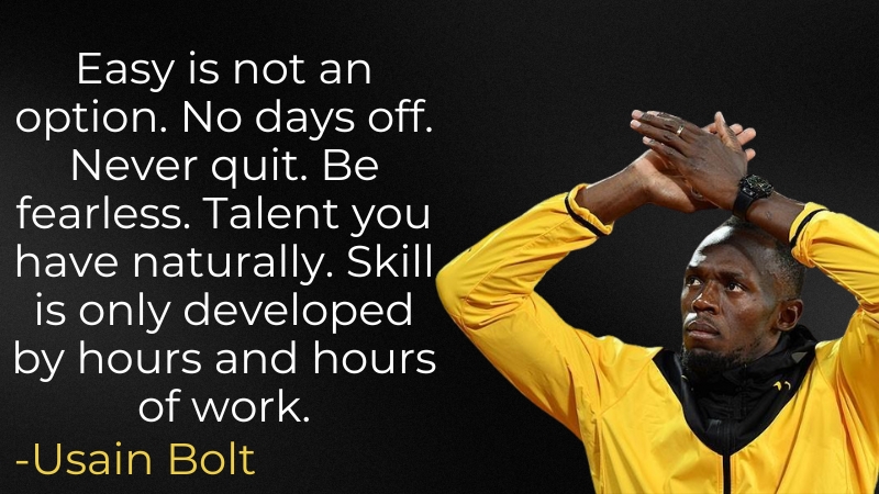 Usain Bolt Raising His Arms in Victory with The Quote "Easy Is Not an Option..." Displayed on The Image