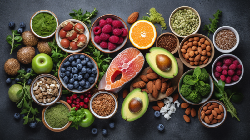 A Variety of Healthy Foods Including Fruits, Nuts, Seeds, and Salmon Arranged for A Nutritious Diet