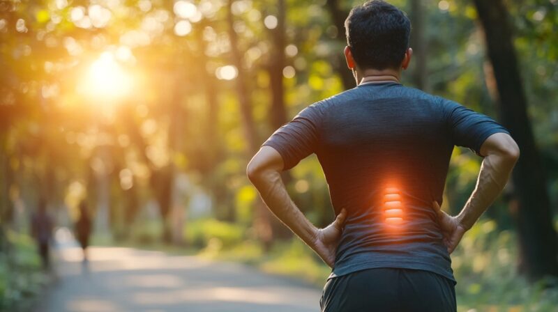 Man in athletic wear holding his lower back while standing on a forest trail at sunrise