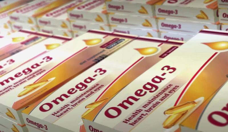 Close-up view of Omega-3 health supplement packaging