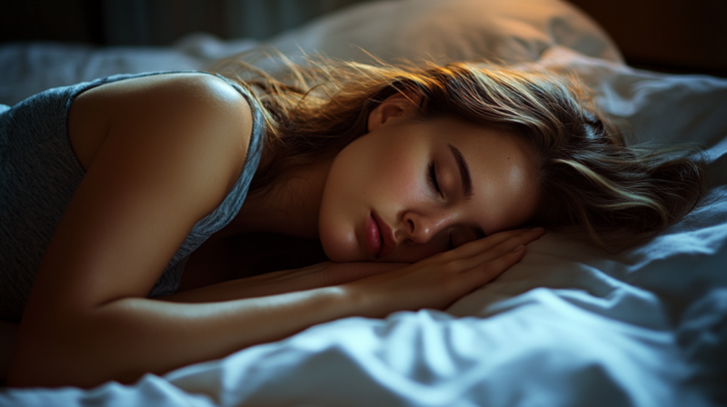 A Young Woman with Long Hair Sleeping on A Bed, Wearing a Gray Tank Top