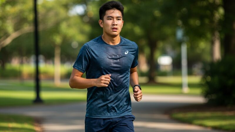 Sweaty, focused runner, and a vast green field