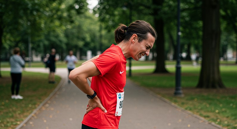A runner holds hands on his lower back in pain