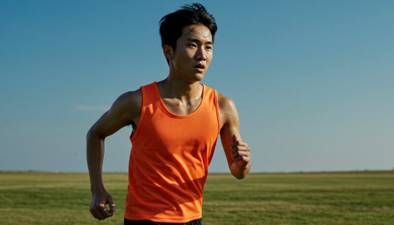 Focused runner wearing vibrant orange tank top