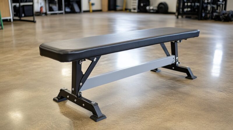 An adjustable flat weight bench in a home gym with polished floors and workout equipment in the background