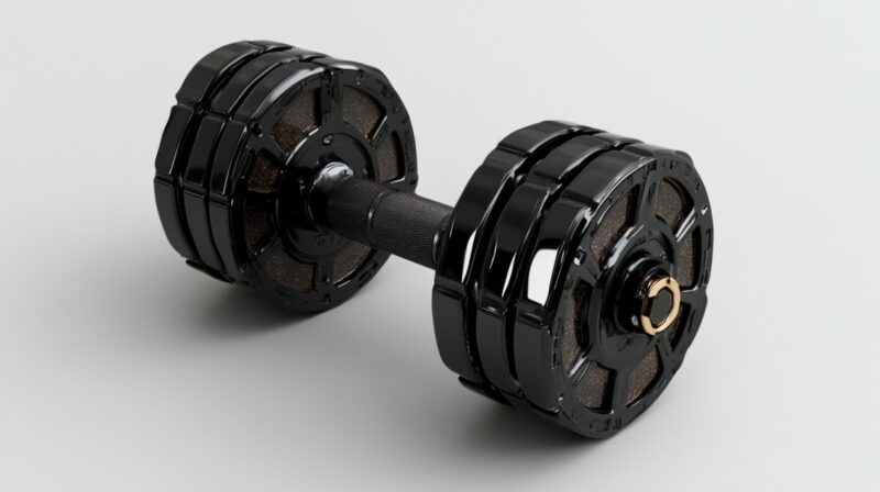 A sleek, modern adjustable dumbbell with a black and chrome design on a plain background