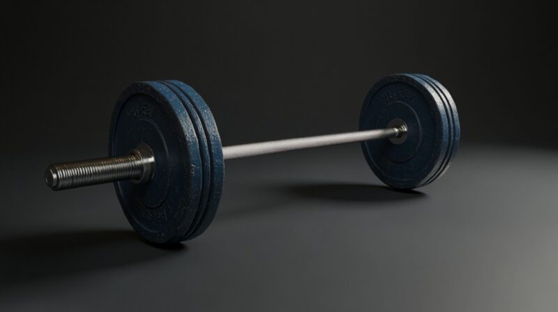A barbell with multiple blue weight plates on each end, resting on a dark gym floor