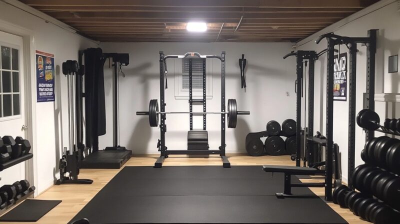 Home gym setup with squat racks, benches, barbells, dumbbells, weight plates, and resistance equipment organized in a well-lit basement room