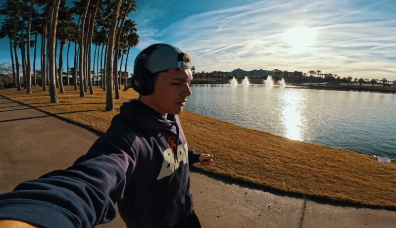 Palm trees line the path as a person runs by a lake