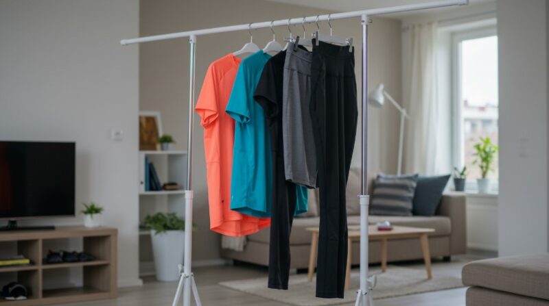 Colorful athletic apparel hangs neatly on a portable clothes rack
