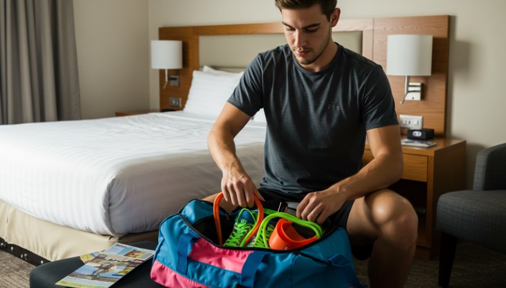 Man packs his running gear for a trip
