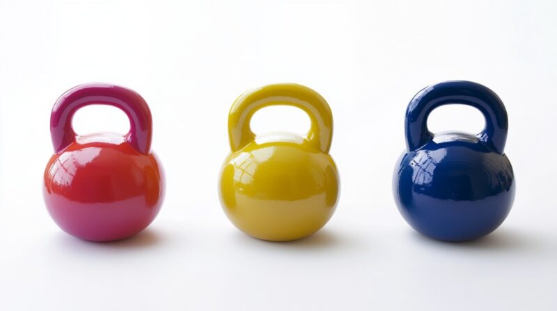 Three colorful kettlebells—red, yellow, and blue—lined up against a white background