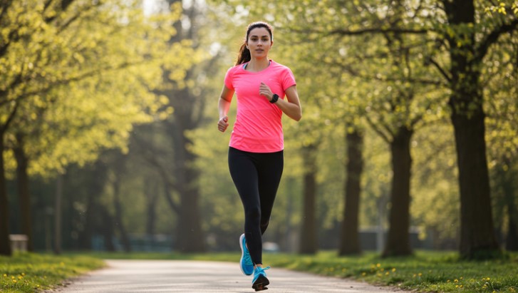 A woman enjoys a brisk run through a vibrant park