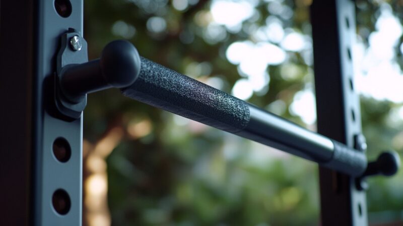 Close-up of a mounted pull-up bar attached to a power rack, with a blurred natural background