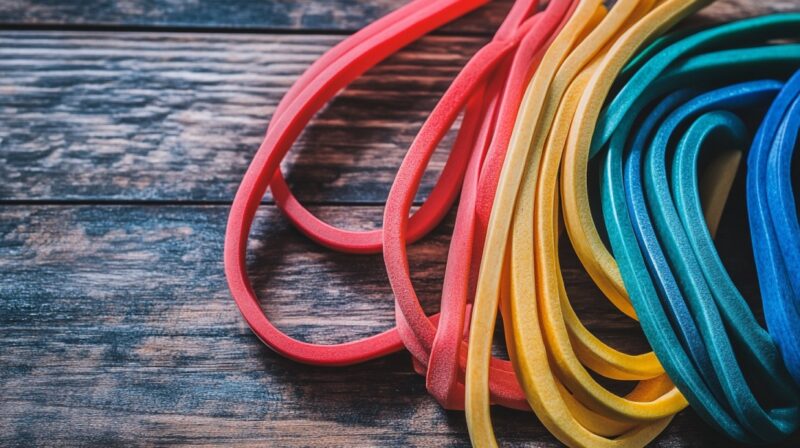 A collection of colorful resistance bands laid out on a wooden floor, arranged in a spectrum from red to blue.