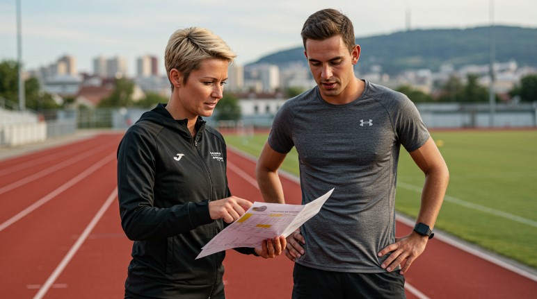 Athlete and coach reviewing training plan on track