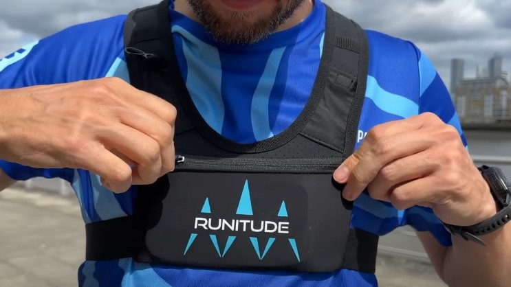 A close-up view of a runner's vest