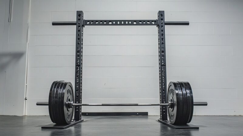 A squat rack with a loaded barbell in a minimalistic home gym setup against a white wall