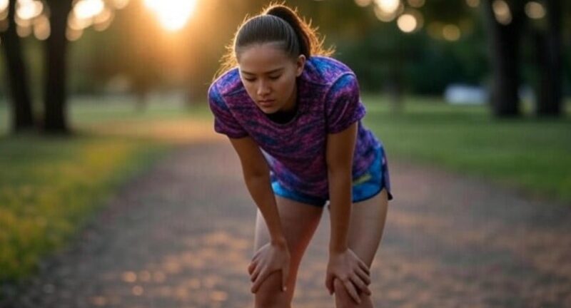 Female runner tired after a practice with hands on her knees
