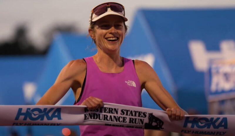 Katie Schide crosses the finish line of the Western States Endurance Run