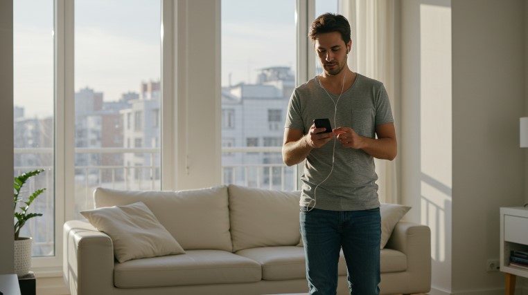A man listens music on his ear phones in a living room