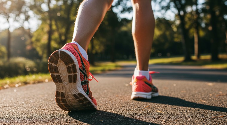 A pair of vibrant pink running shoes strides confidently along a paved path