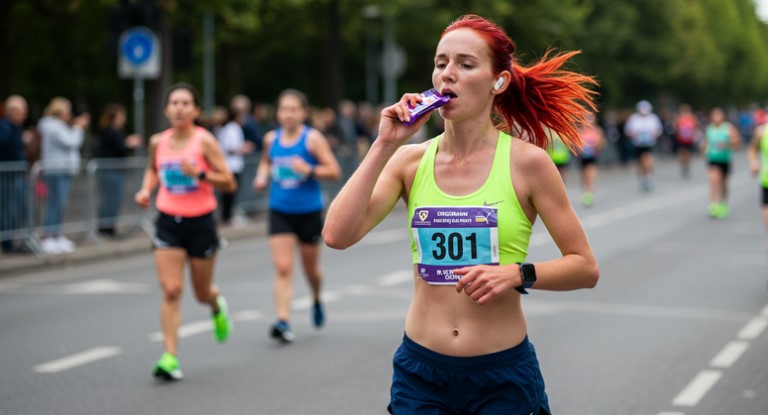Runner mid-race, consuming energy gel