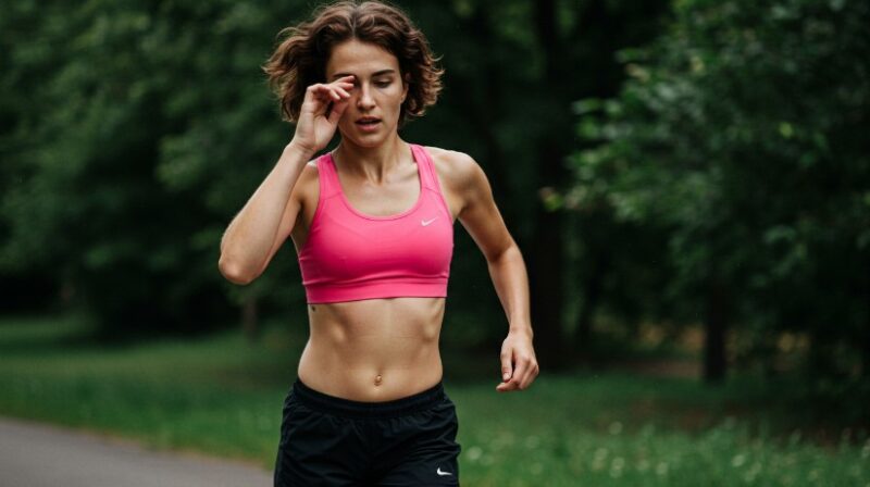 A runner pauses, wiping her eye, amidst a verdant park