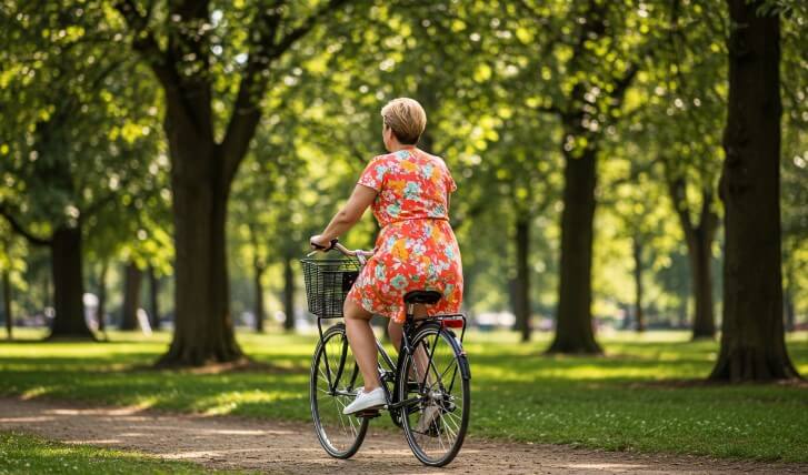 Older woman rides a bike through a park