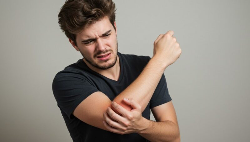 A man clutches his aching elbow, his expression conveying discomfort