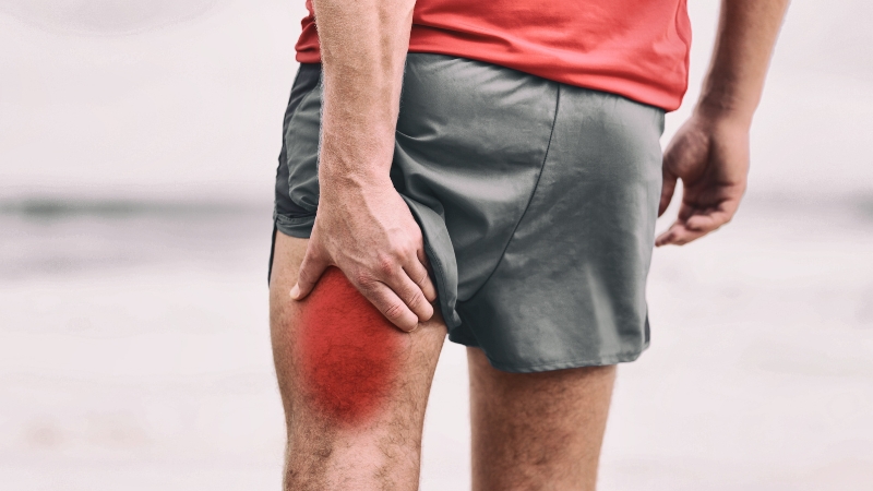 A runner clutches the back of their thigh, where a red overlay indicates a hamstring injury
