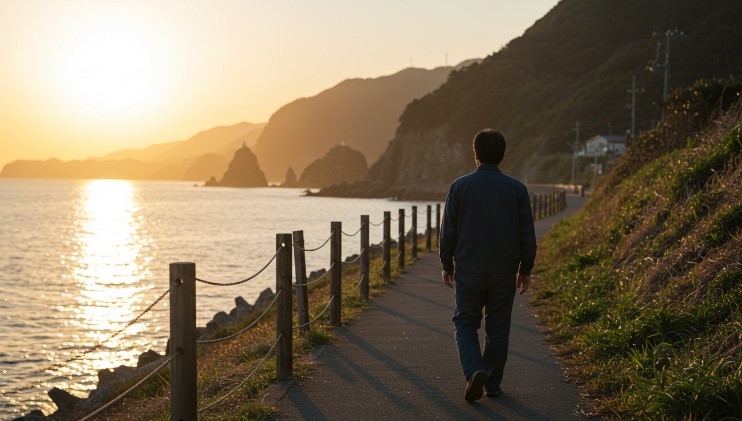 Tranquil scene of a person walking along a seaside path as the sun sets