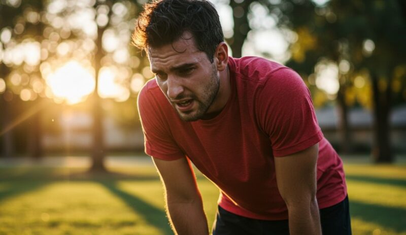 A man rests, his body showing signs of exertion from a recent workout