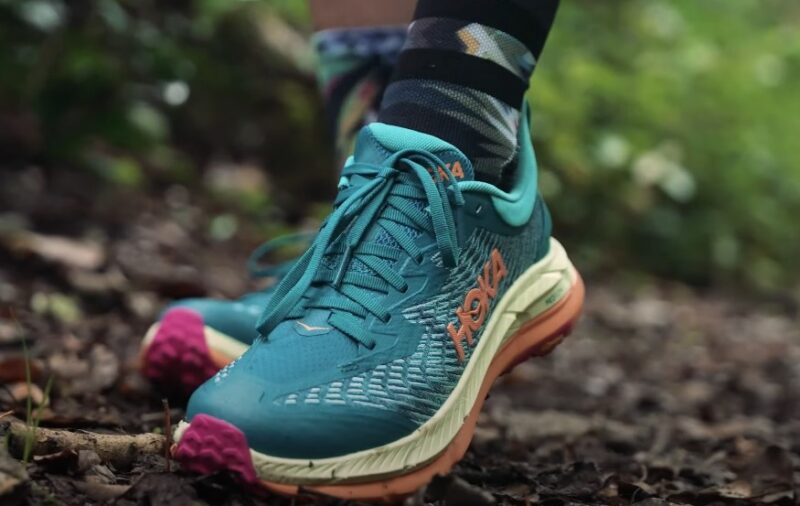 Close up view of trail running shoes