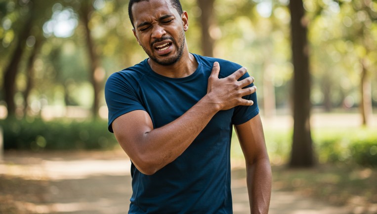 Painful expression on a man's face as he holds his shoulder
