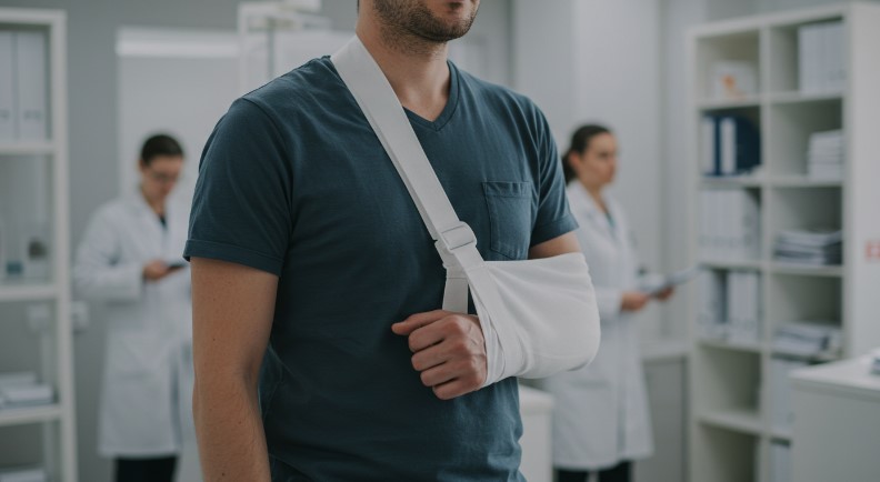 A man in a medical facility, wearing a supportive arm sling