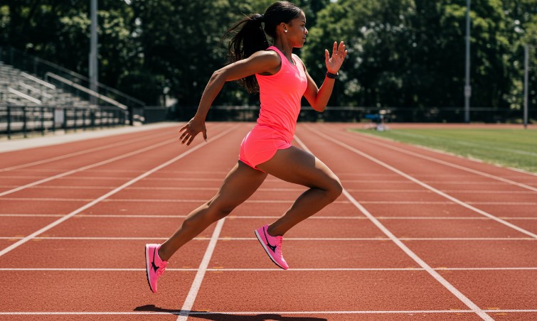 A blur of vibrant pink, a runner's focus sharpens on the track
