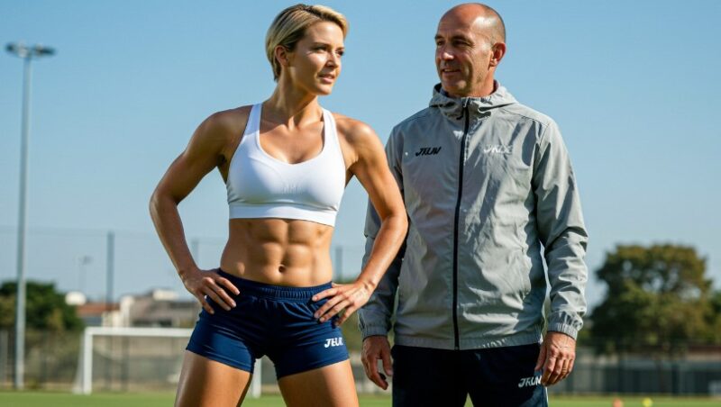 A focused athlete and her coach, ready for action on the field
