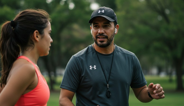 A personal trainer and client engage in a focused discussion outdoors