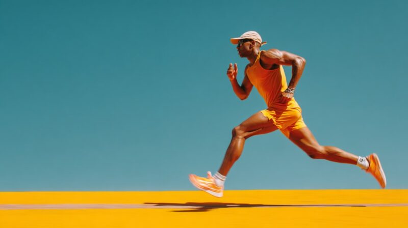 Athletic man in orange running gear sprinting on a bright yellow track against a clear blue sky