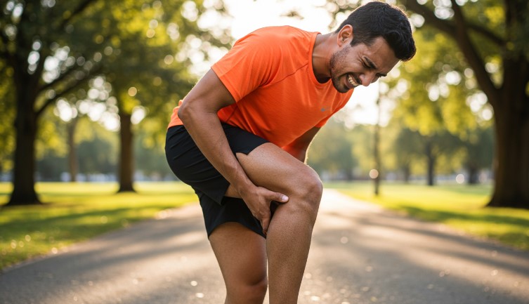 A man experiences a sharp pain in his knee, clutching it in distress