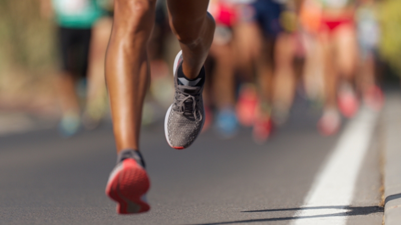Runner’s feet in motion on race day