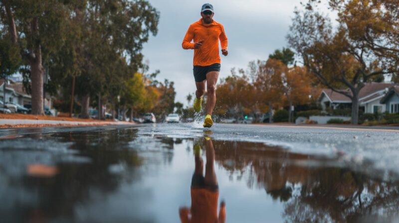 Man in an orange jacket running through a puddle on a suburban street lined with autumn trees