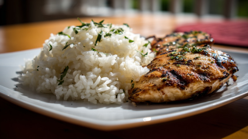 Grilled chicken and white rice served on a plate as a simple, balanced pre-race dinner