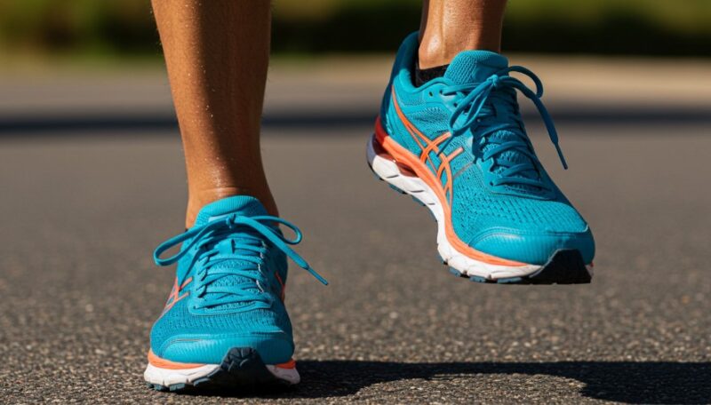 A close-up view of running shoes in motion