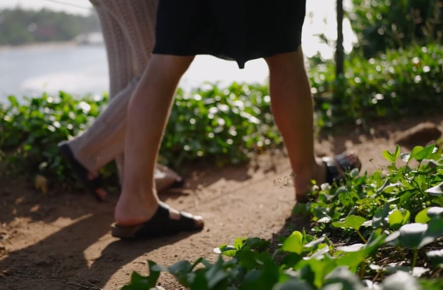 A tranquil scene of people walking on a dirt path amidst lush foliage